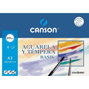 Papel Aguarela Canson Basik, A3, Rª402393, 370grs, pack 6Fls