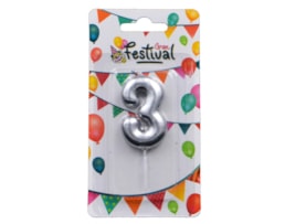 Vela de celebração de número 3, c/ 6cm, prata