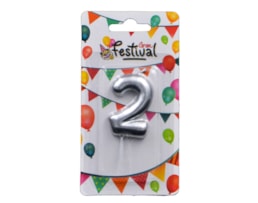 Vela de celebração de número 2, c/ 6cm, prata