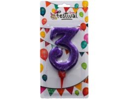 Vela de celebração de número 3, c/16cm, glitter, sortido