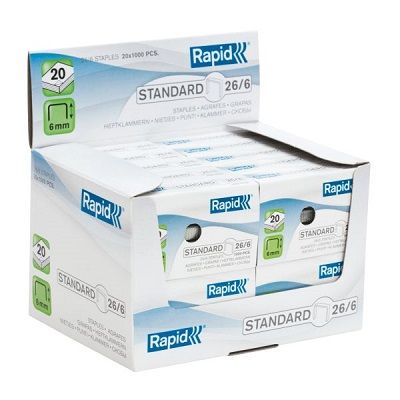 Agrafes Rapid Standard 26/6 - Boîte De 1000 - Pour Agrafeuse Bureau, école, Maison - Jusqu'à 20 Feuilles - Fil Cuivré Solide